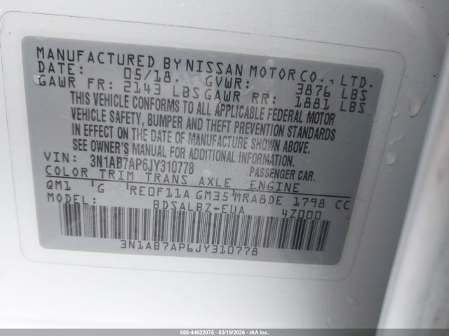44622075 :رقم المزاد ، 3N1AB7AP6JY310778 vin ، 2018 Nissan Sentra S مزاد بيع