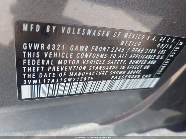 Продажа на аукционе авто 2016 Volkswagen Jetta 1.8t Sel, vin: 3VWL17AJ1GM215675, номер лота: 44622078