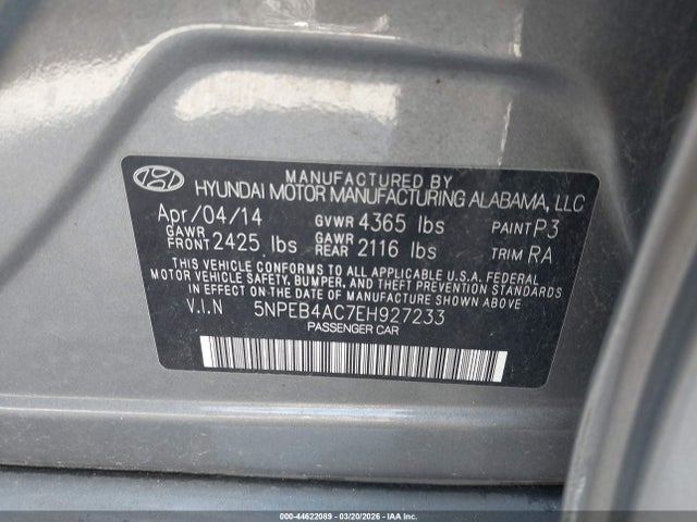 5NPEB4AC7EH927233 Hyundai SONATA GLS