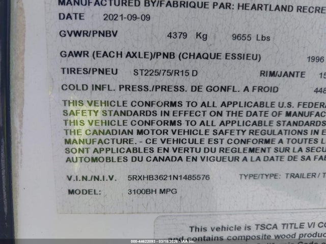 44622093 :رقم المزاد ، 5RXHB3621N1485576 vin ، 2022 Cruiser Other مزاد بيع