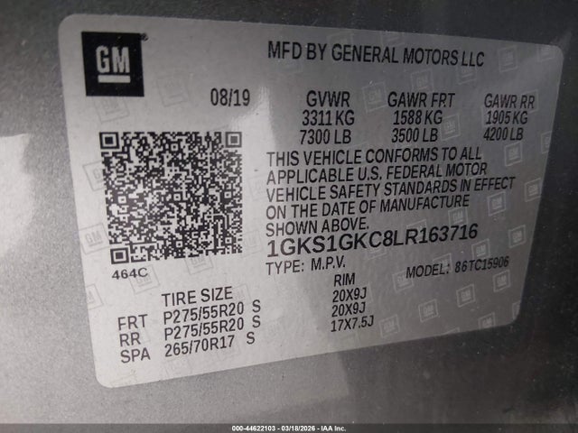 44622103 :رقم المزاد ، 1GKS1GKC8LR163716 vin ، 2020 Gmc Yukon Xl 2wd Slt مزاد بيع