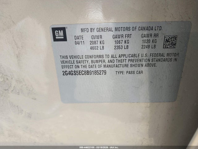 44622105 :رقم المزاد ، 2G4GS5EC8B9185279 vin ، 2011 Buick Regal Cxl Oshawa مزاد بيع