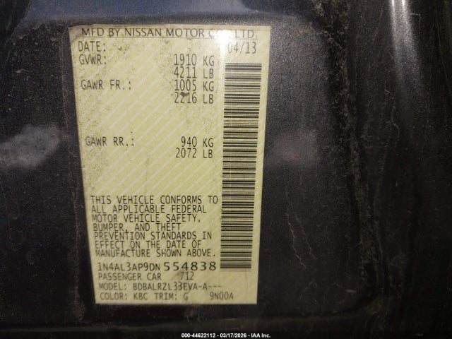 Aukcja sprzedaży 2013 Nissan Altima 2.5 S, vin: 1N4AL3AP9DN554838, numer aukcji: 44622112