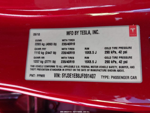 Aukcja sprzedaży 2018 Tesla Model 3 Long Range/performance, vin: 5YJ3E1EB8JF091407, numer aukcji: 44622113