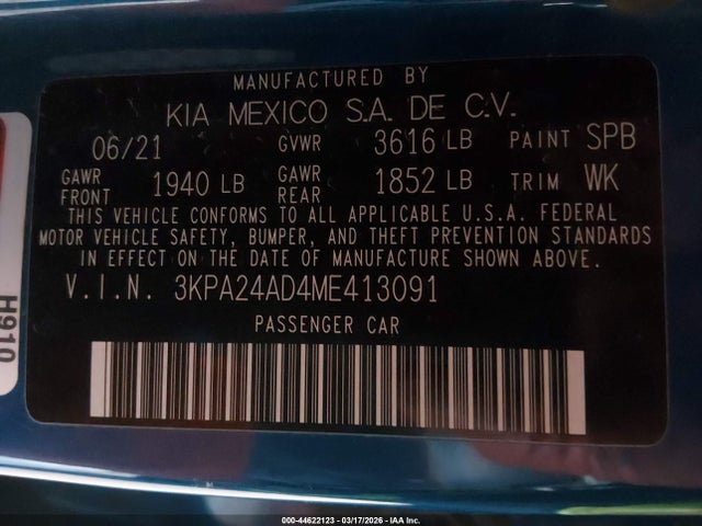 3KPA24AD4ME413091 KIA RIO S