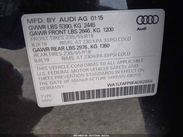 Продаж на аукціоні авто 2015 Audi Q5 2.0t Premium, vin: WA1LFAFP6FA092654, номер лоту: 44622129