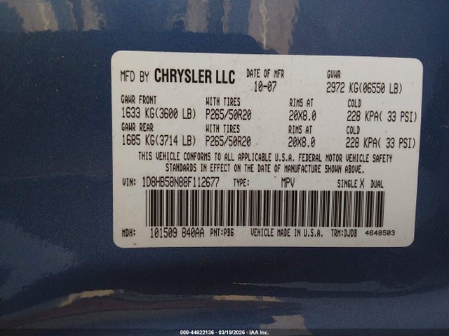Продаж на аукціоні авто 2008 Dodge Durango Limited, vin: 1D8HB58N88F112677, номер лоту: 44622136