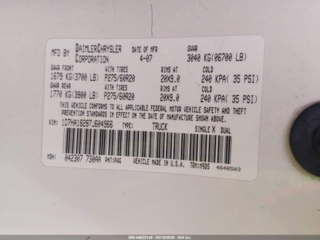 Продаж на аукціоні авто 2007 Dodge Ram 1500 Slt, vin: 1D7HA18287J604966, номер лоту: 44622148