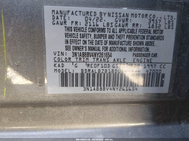 3N1AB8BV4NY261654 Nissan Sentra S Xtronic Cvt
