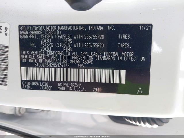 5TDJZRBH2NS174173 Toyota Highlander Xse
