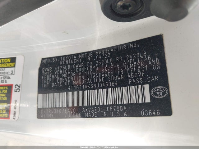 4T1G11AK6NU046364 Toyota CAMRY SE