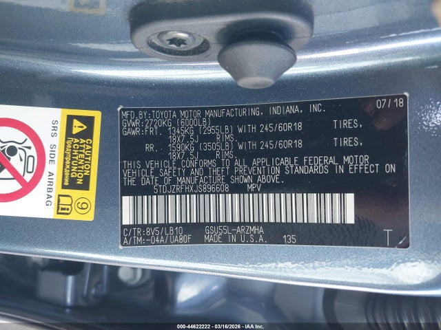5TDJZRFHXJS896608 Toyota Highlander Xle