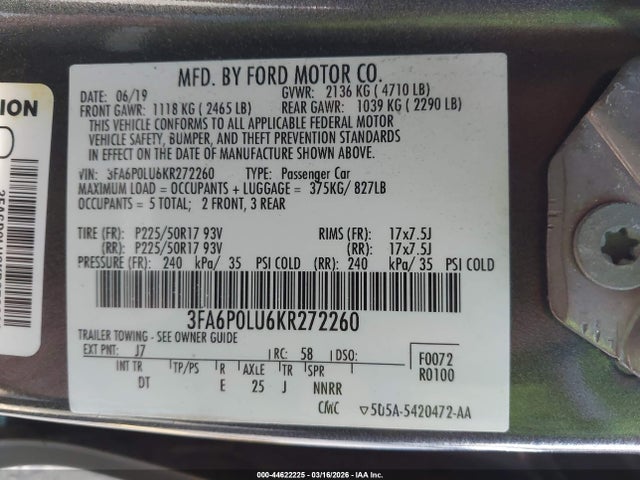 Продаж на аукціоні авто 2019 Ford Fusion Hybrid Se, vin: 3FA6P0LU6KR272260, номер лоту: 44622225