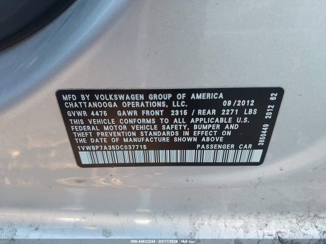 2013 Volkswagen Passat 2.5l Se მანქანა იყიდება აუქციონზე, vin: 1VWBP7A35DC037715, აუქციონის ნომერი: 44622244