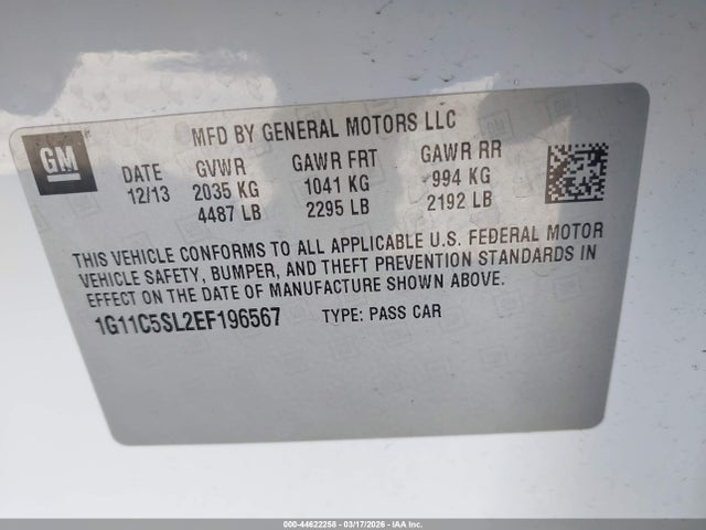 44622258 :رقم المزاد ، 1G11C5SL2EF196567 vin ، 2014 Chevrolet Malibu 1lt مزاد بيع