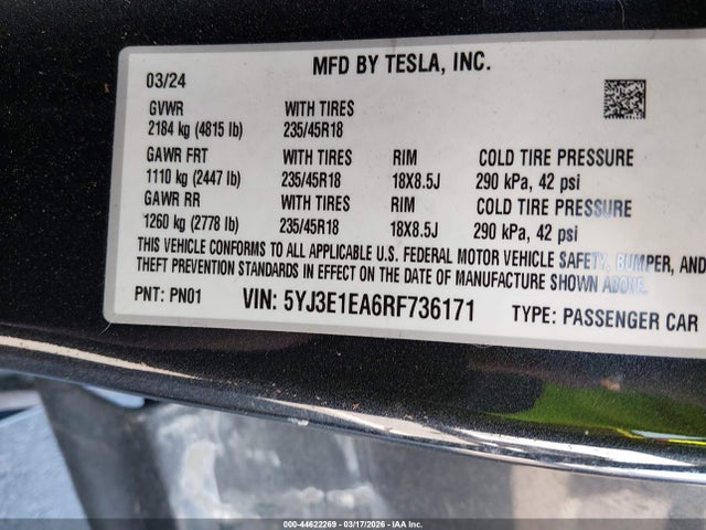 44622269 :رقم المزاد ، 5YJ3E1EA6RF736171 vin ، 2024 Tesla Model 3 Long Range Dual Motor All-wheel Drive/rear-wheel Drive مزاد بيع