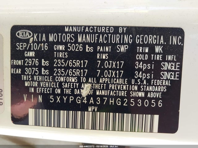 5XYPG4A37HG253056 KIA Sorento 2.4l Lx