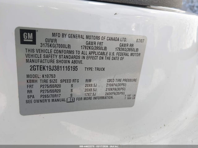 Aukcja sprzedaży 2007 Gmc Sierra 1500 Slt, vin: 2GTEC19J871664530, numer aukcji: 44622275