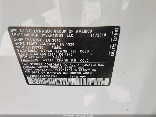 44622287 :رقم المزاد ، 1V2WR2CAXKC522781 vin ، 2019 Volkswagen Atlas 3.6l V6 Se W/technology مزاد بيع