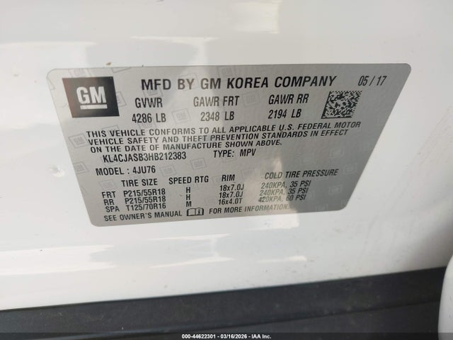 Aukcja sprzedaży 2017 Buick Encore Preferred, vin: KL4CJASB3HB212383, numer aukcji: 44622301