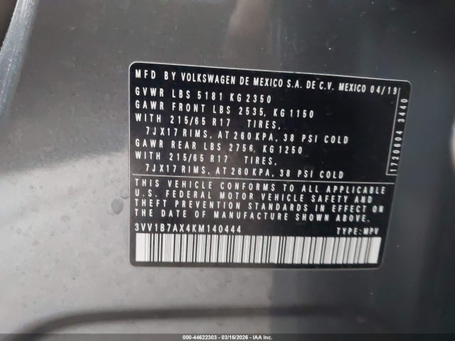 44622303 :رقم المزاد ، 3VV1B7AX4KM140444 vin ، 2019 Volkswagen Tiguan 2.0t S مزاد بيع