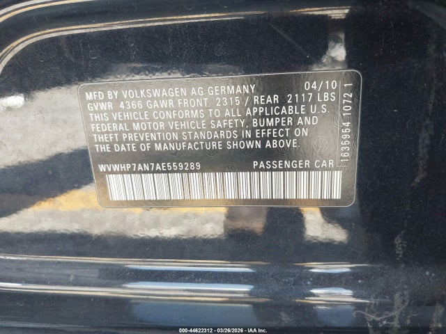 2010 Volkswagen Cc Luxury მანქანა იყიდება აუქციონზე, vin: WVWHP7AN7AE559289, აუქციონის ნომერი: 44622312