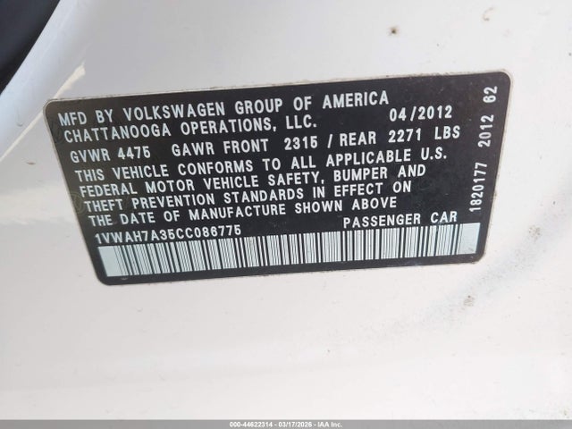 44622314 :رقم المزاد ، 1VWAH7A35CC086775 vin ، 2012 Volkswagen Passat 2.5l S مزاد بيع