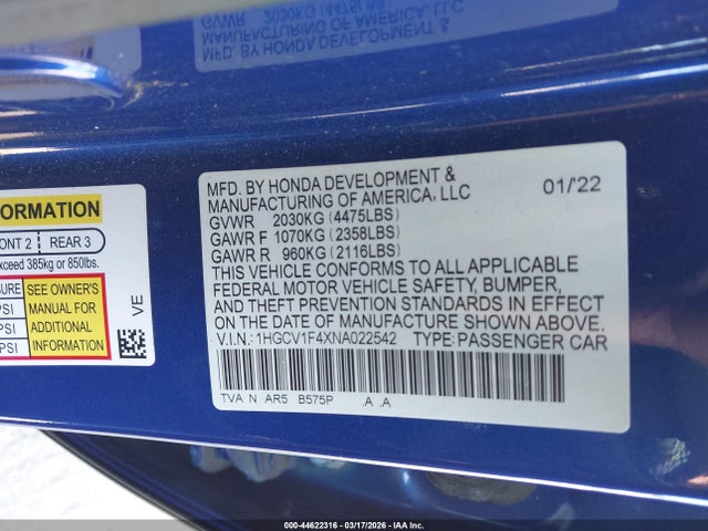 2022 HONDA ACCORD 1HGCV1F4XNA022542 Photo 8