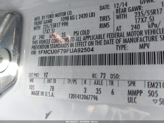 Ford ESCAPE S 2015 1FMCU0F79FUA92504 Image 9