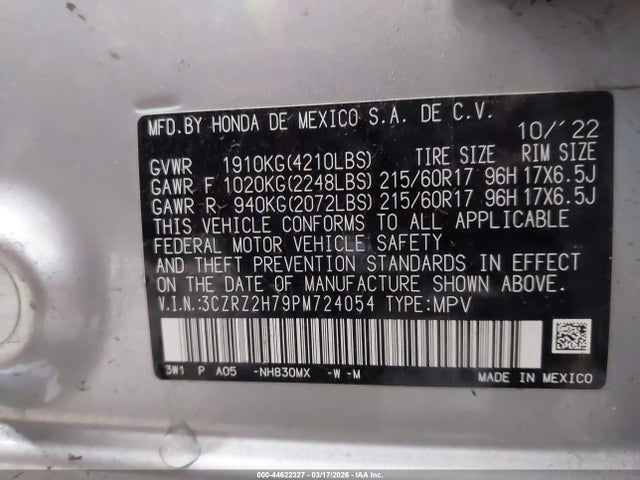 3CZRZ2H79PM724054 Honda Hr-v Awd Ex-l