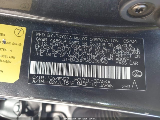 44622336 :رقم المزاد ، JTHBA30G945049340 vin ، 2004 Lexus Es 330 مزاد بيع
