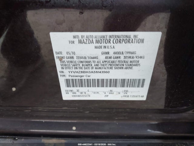 Aukcja sprzedaży 2010 Mazda Mazda6 I Sport, vin: 1YVHZ8BH3A5M43560, numer aukcji: 44622341
