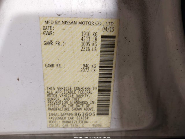 Auction sale of the 2015 Nissan Altima 2.5 S, vin: 1N4AL3AP4FN863605, lot number: 44622345
