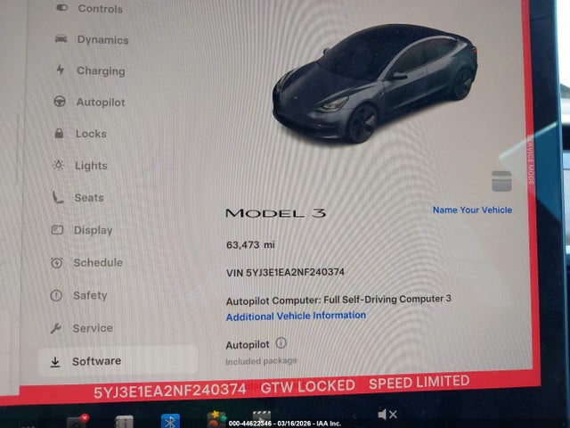 44622346 :رقم المزاد ، 5YJ3E1EA2NF240374 vin ، 2022 Tesla Model 3 Rear-wheel Drive مزاد بيع