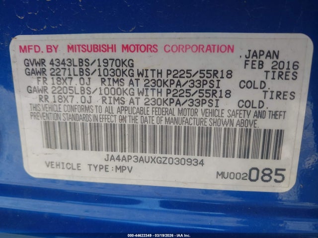 JA4AP3AUXGZ030934 Mitsubishi Outlander Sport 2.0 Es