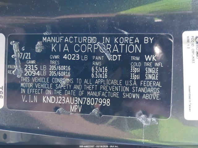 Aukcja sprzedaży 2022 Kia Soul Lx, vin: KNDJ23AU3N7807998, numer aukcji: 44622357