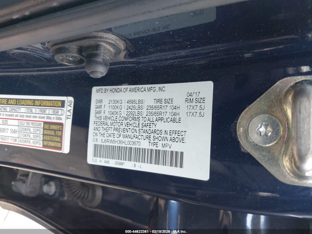 Продажа на аукционе авто 2017 Honda Cr-v Lx, vin: 5J6RW5H36HL003670, номер лота: 44622361