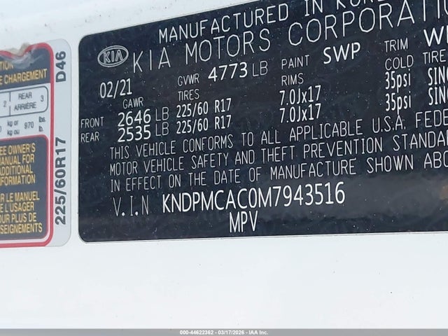 Продаж на аукціоні авто 2021 Kia Sportage Lx, vin: KNDPMCAC0M7943516, номер лоту: 44622362