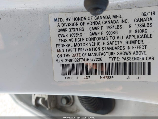 Aukcja sprzedaży 2018 Honda Civic Ex, vin: 2HGFC2F74JH577226, numer aukcji: 44622375