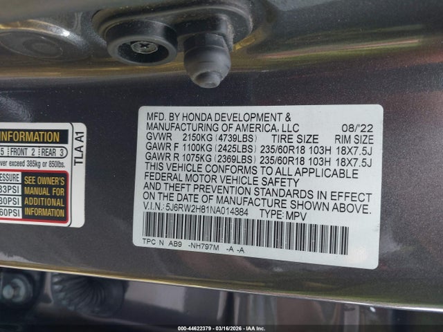 5J6RW2H81NA014884 Honda Cr-v Awd Ex-l