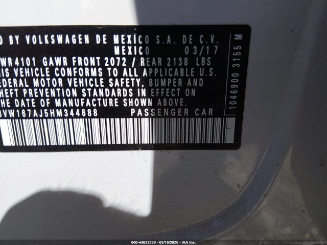 44622390 :رقم المزاد ، 3VW167AJ5HM344688 vin ، 2017 Volkswagen Jetta 1.4t S مزاد بيع