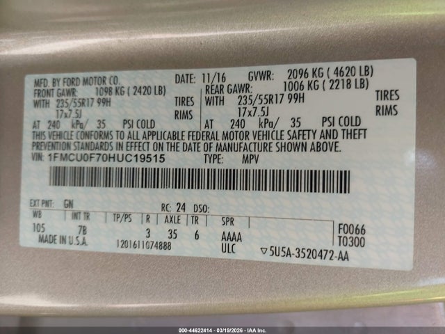 Aukcja sprzedaży 2017 Ford Escape S, vin: 1FMCU0F70HUC19515, numer aukcji: 44622414