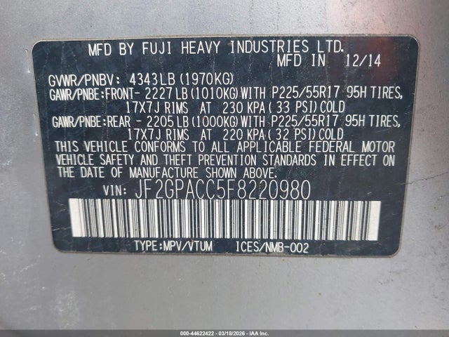 Продаж на аукціоні авто 2015 Subaru Xv Crosstrek 2.0i Premium, vin: JF2GPACC5F8220980, номер лоту: 44622422