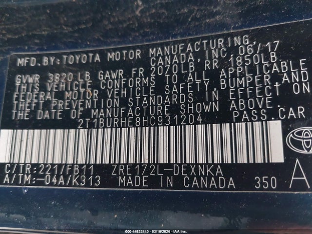 2T1BURHE8HC931204 Toyota COROLLA LE
