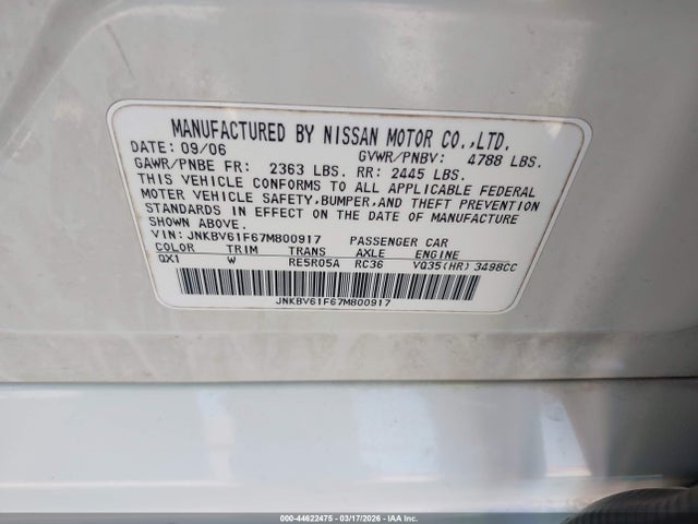 Продажа на аукционе авто 2007 Infiniti G35x, vin: JNKBV61F67M800917, номер лота: 44622475