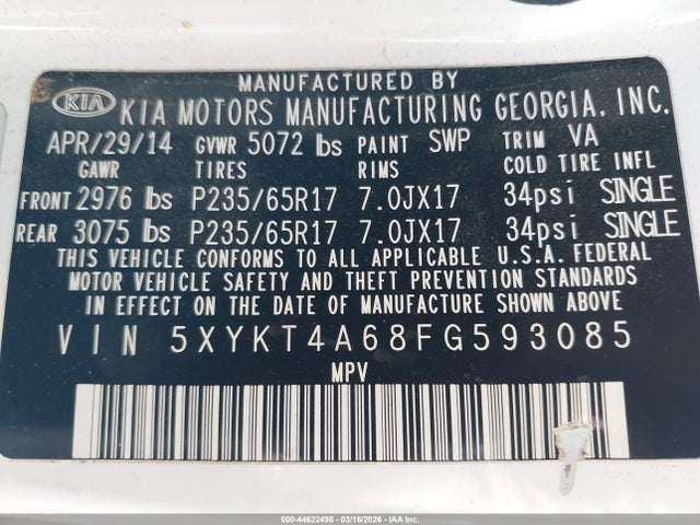 KIA SORENTO LX 2015 5XYKT4A68FG593085 Image 9