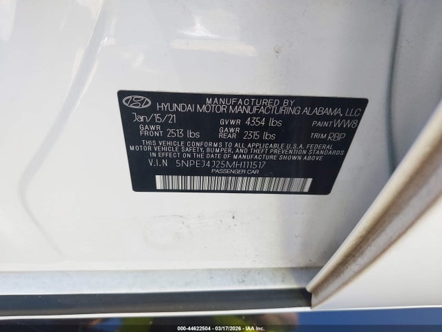 5NPEJ4J25MH111517 Hyundai Sonata Sel Plus