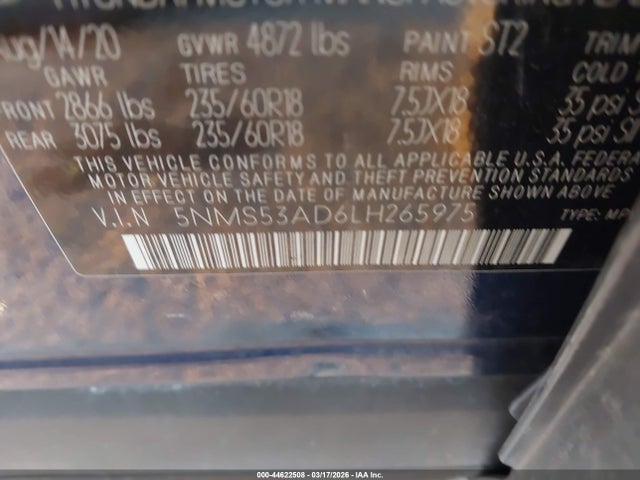 44622508 :رقم المزاد ، 5NMS53AD6LH265975 vin ، 2020 Hyundai Santa Fe Limited مزاد بيع