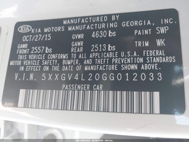 5XXGV4L20GG012033 KIA Optima Sxl Turbo