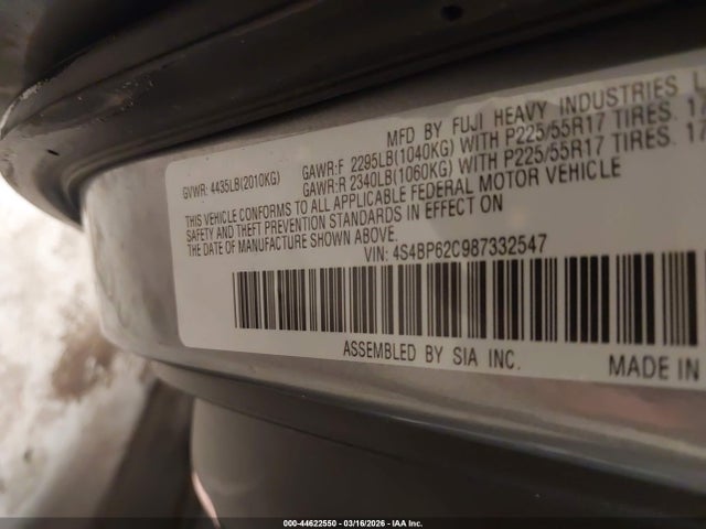 2008 Subaru Outback 2.5i Limited/2.5i Limited L.l. Bean Edition მანქანა იყიდება აუქციონზე, vin: 4S4BP62C987332547, აუქციონის ნომერი: 44622550